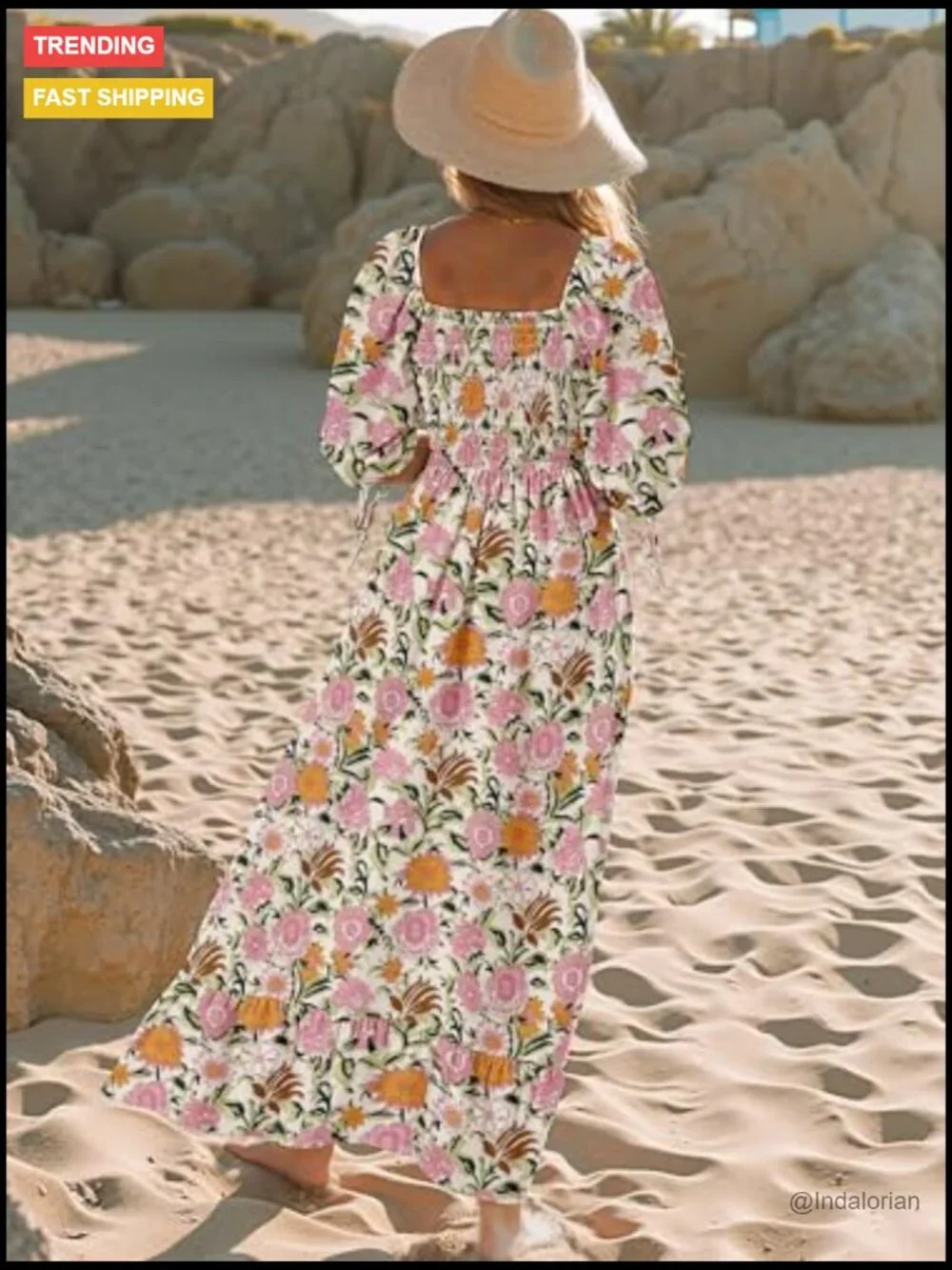 Puff Sleeve Square Neck Smocked A-Line Maxi Dress with Pockets - Picture 5 of 7